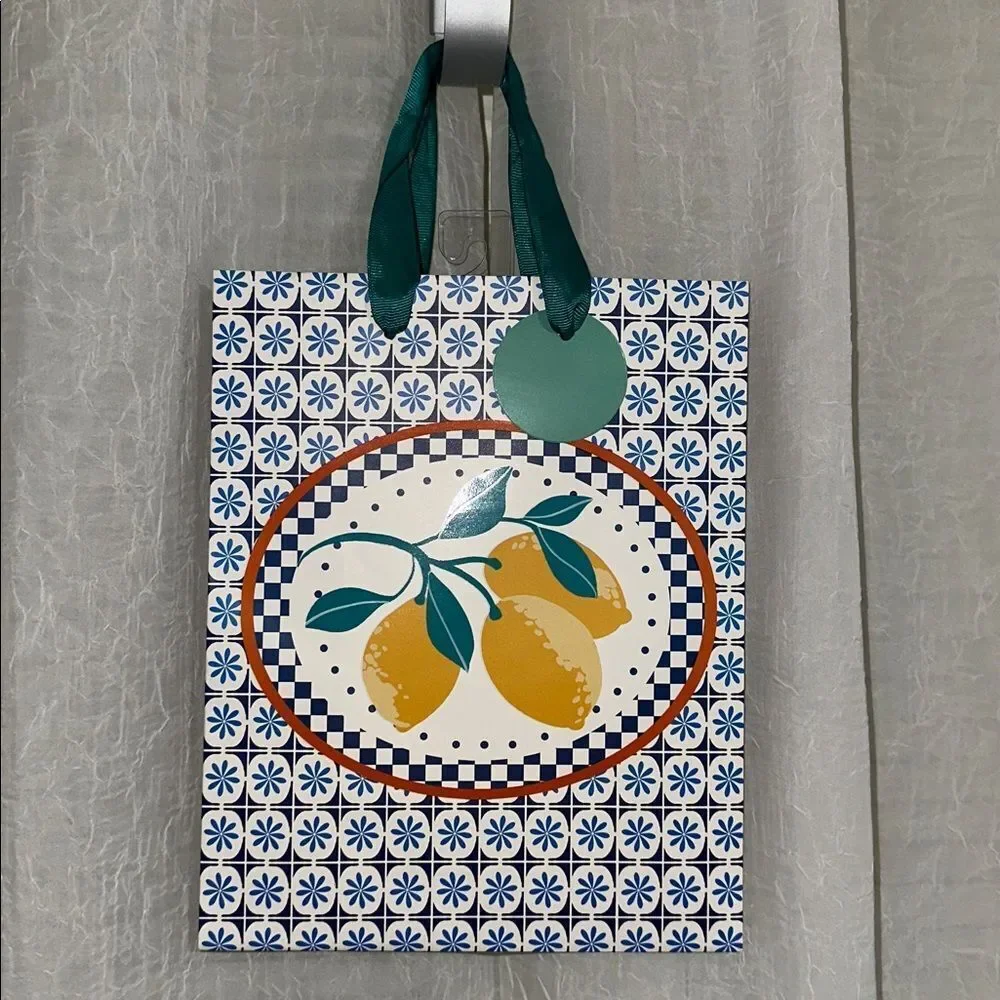 Punch Studio WHITE NAVY GOLD Floral Lemons Checkered RIBBON HANDLES GIFT BAG
